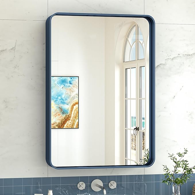 Bathroom Mirror for Wall Brushed Brass Metal Rounded Corner