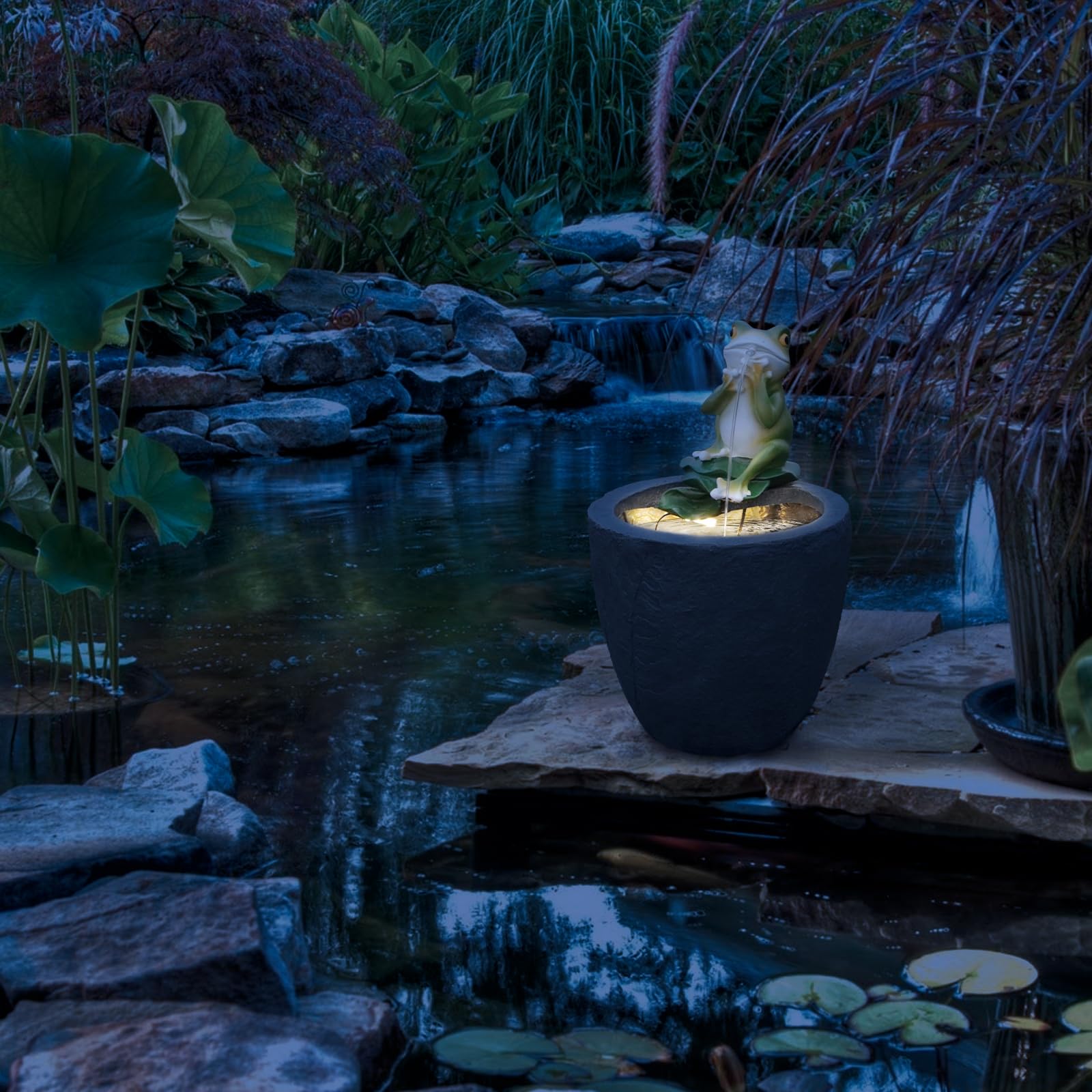 Frog Garden Waterfall Fountain Statue - 25" Outdoor Zen Garden Decor with LED Lights