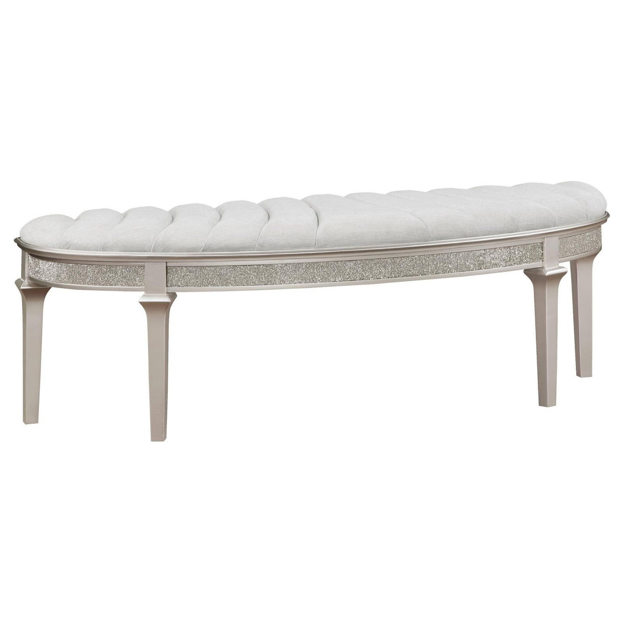 Nive 53 Inch Bench, Semiround Shape, Encrusted Faux Diamond, Silver Oak