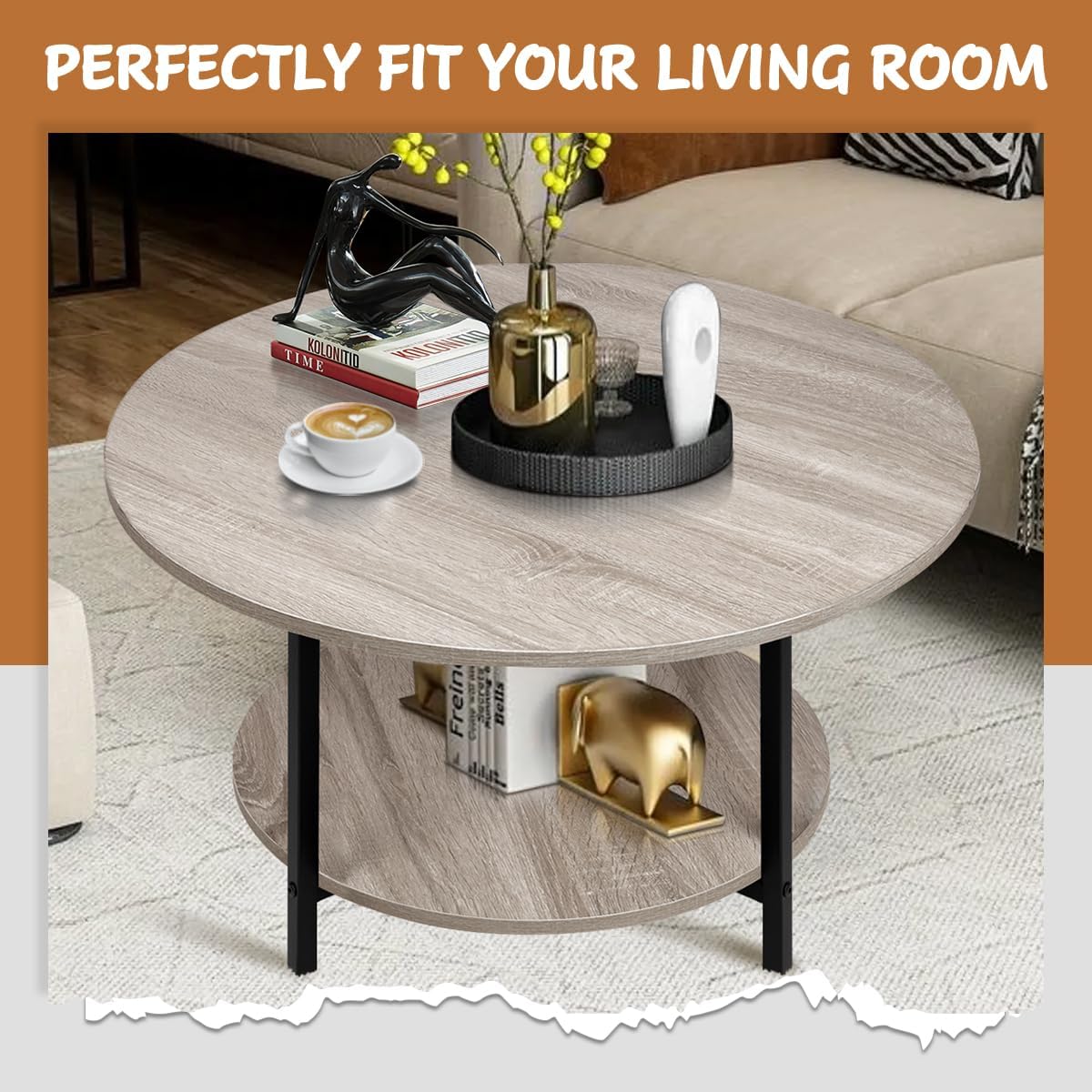 Round Coffee Tables, Accent Table Sofa Table Tea Table with Storage 2-Tier for Living Room,