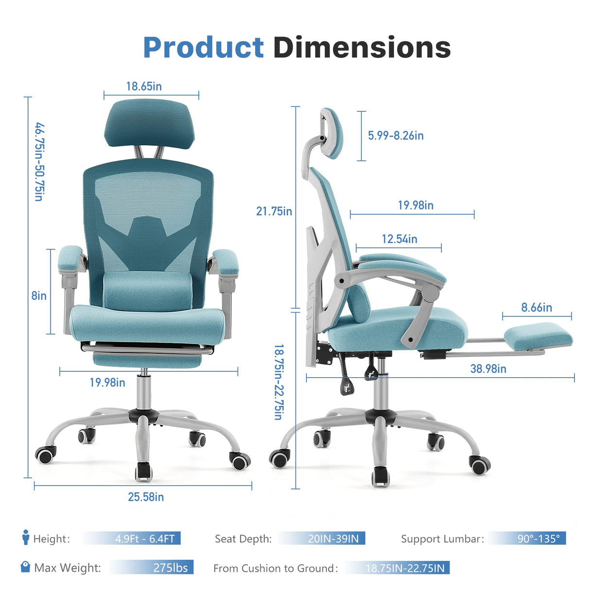 Ergonomic High-Back Mesh Office Chair with Footrest - Blue