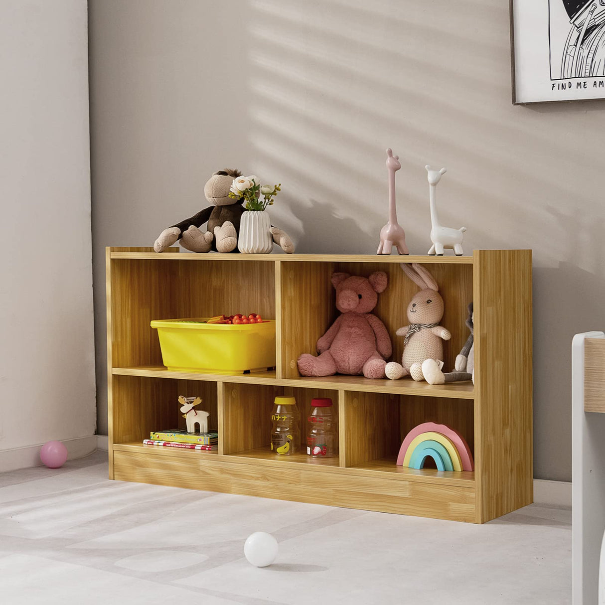 kids Toy Storage Organizer, 5-Section Storage Daycare Shelf for Preschool, Children 2-Tier Open Wooden Display Book Shelf Organizer for Classroom, Playroom & Nursery, Kindergarten(Yellow)