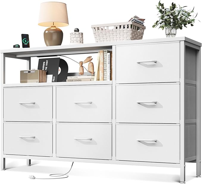 Dresser with Charging Station, 52-Inch Long Dresser for Bedroom with 7 Large Fabric