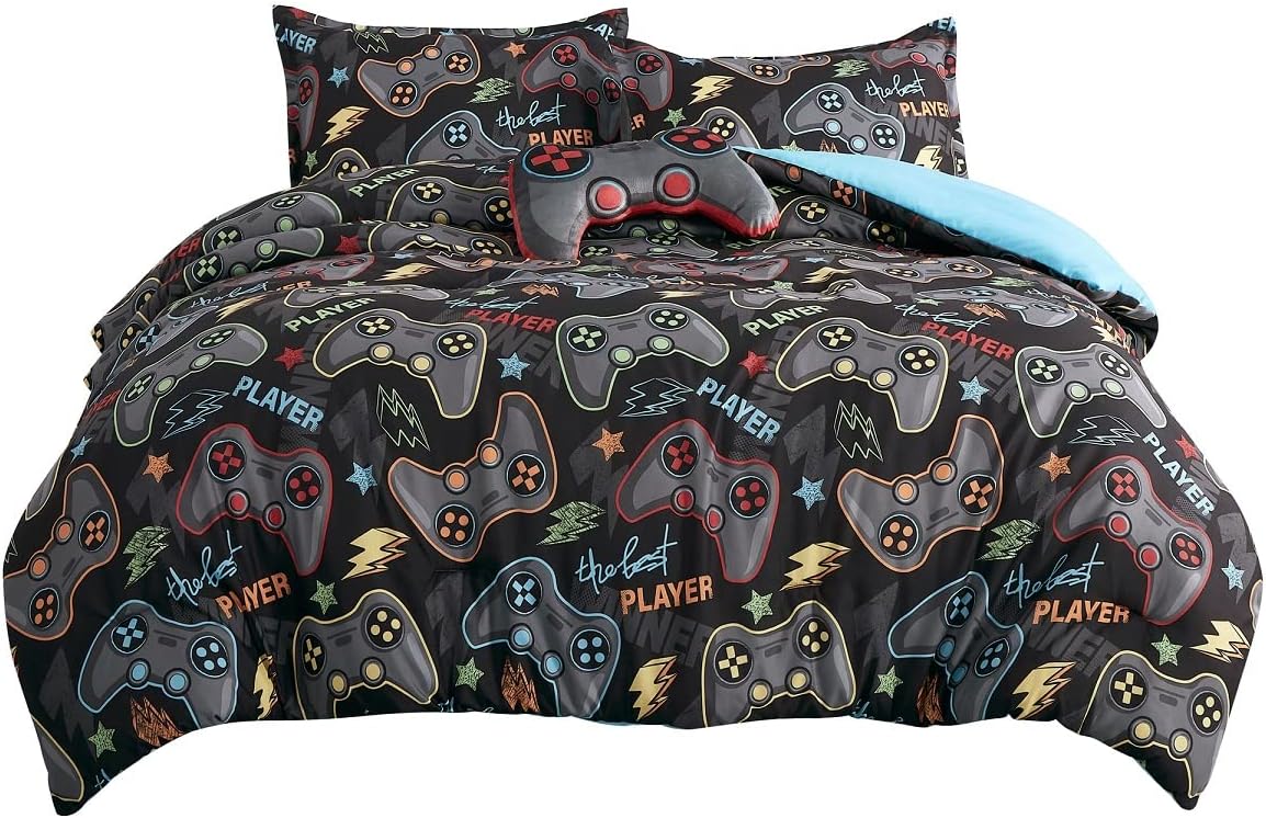 Gaming Twin Size Comforter Set Blue Grey Color for Gamer Video Games Player 4 Piece