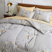 Gray Comforter Sheet Set Bed in a Bag 7 Pieces King Size Tree Branch Bloom Flower Spring Summer Bedding Set (1 Comforter 2 Pillow Shams 1 Tan Flat Sheet 1 Fitted Sheet 2 Pillowcases)