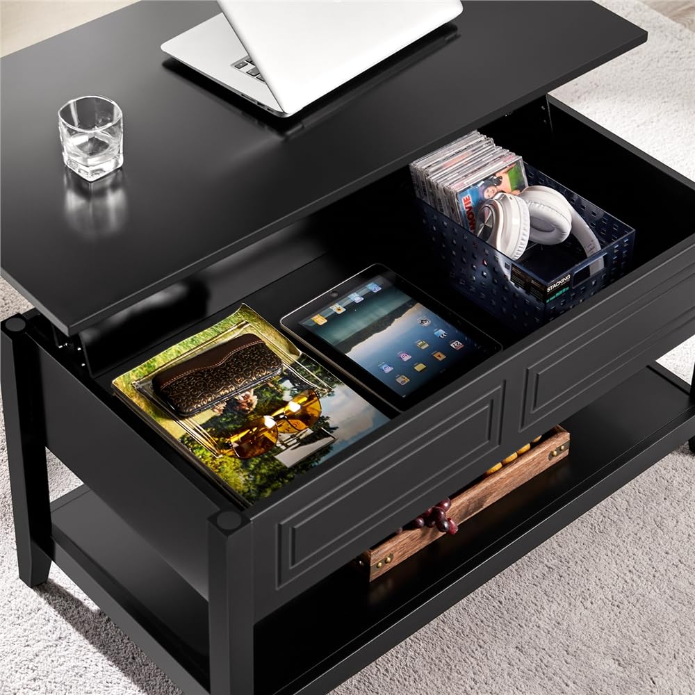 Lift Top Coffee Table with Hidden Compartment and Open Storage Shelf