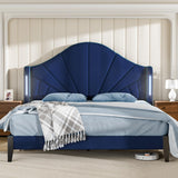 Full Bed Frame with LED Lights - Velvet Blue Upholstered Platform Bed