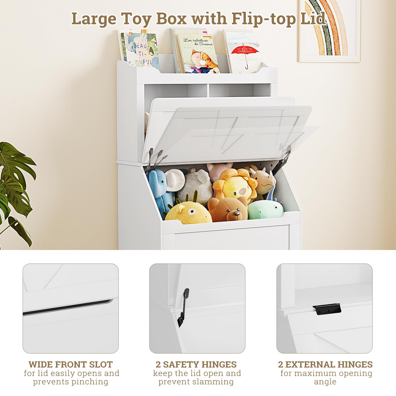 Storage Organizer, Large Wooden Toy Box Chest with Flip-top Lid and Cubby, 3-Tire Children's Bookcase