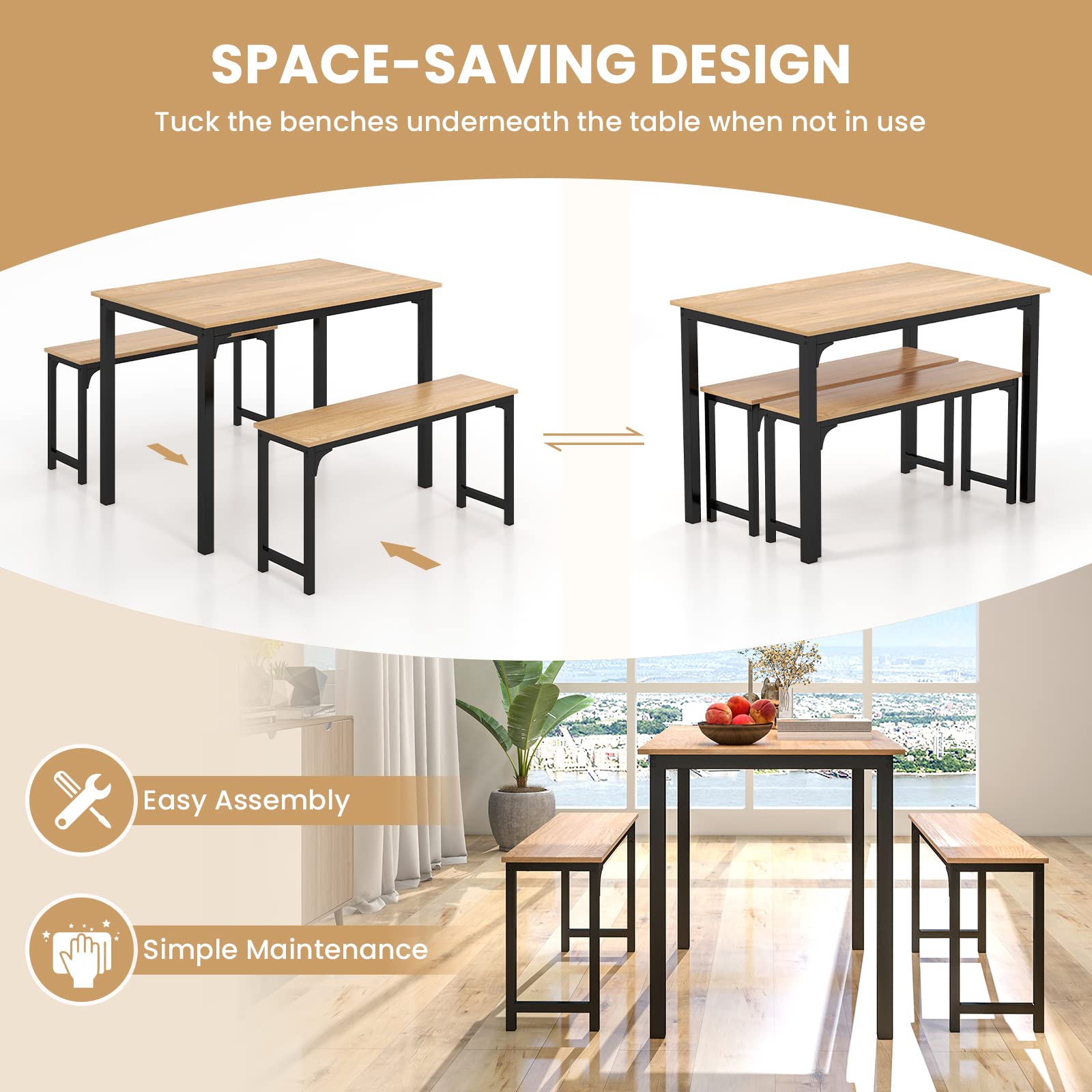 3-Piece Dining Table Set with Bench - Modern Space-Saving Dinette
