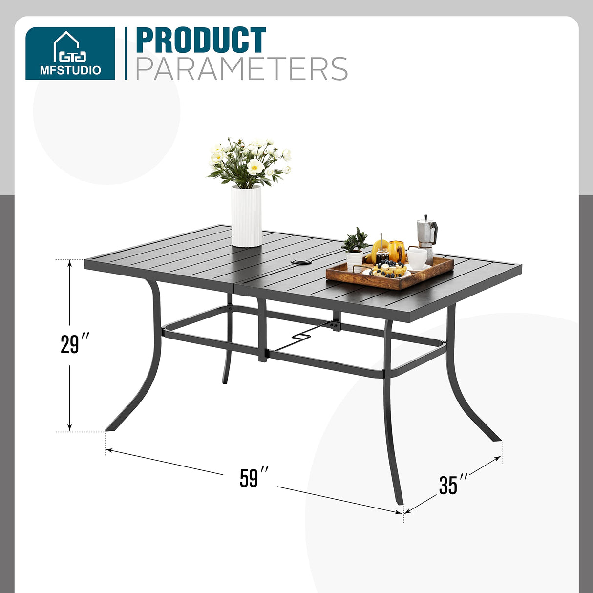 Outdoor Metal Steel Slat Dining Rectangle Table with Adjustable Umbrella Hole