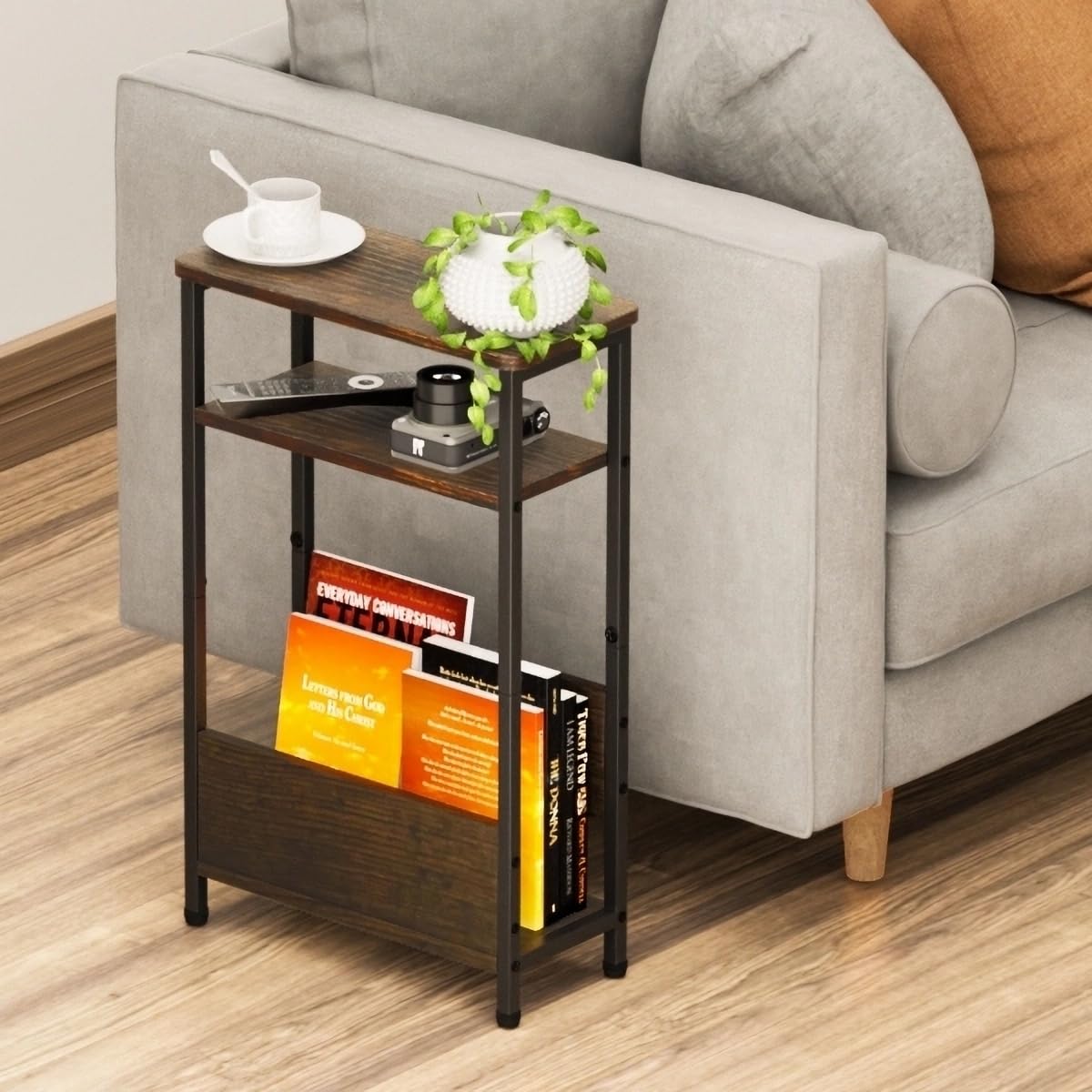 7.1" Narrow Side Table for Small Spaces, 3 Tier Small End Table with Magazine Holder