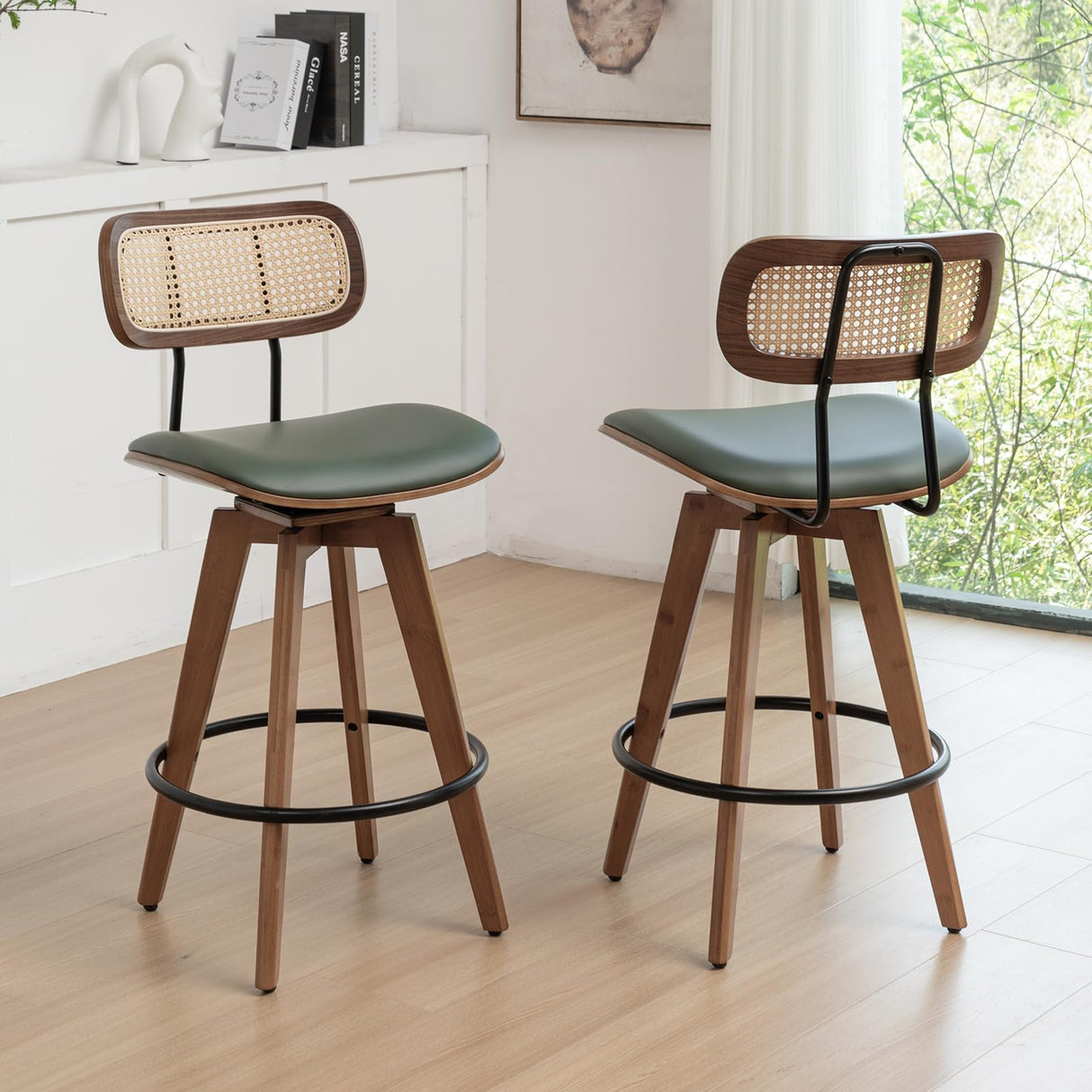 Rattan Bar Stools Set of 2, Faux Leather Counter Height Swivel Barstools