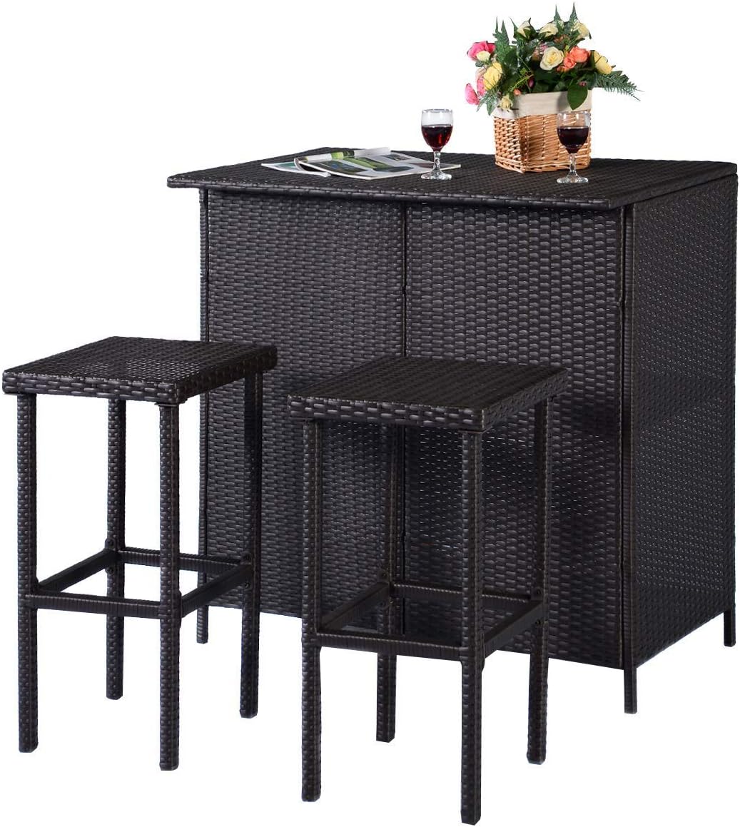 Outdoor Bar Rattan Set 3-Piece Wicker Bar Stools & Table with 2 Storage Shelves