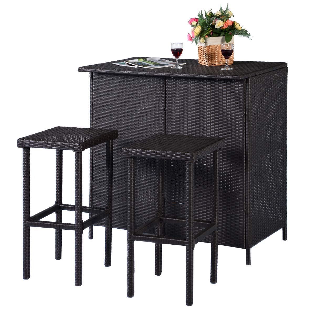 Outdoor Bar Rattan Set 3-Piece Wicker Bar Stools & Table with 2 Storage Shelves