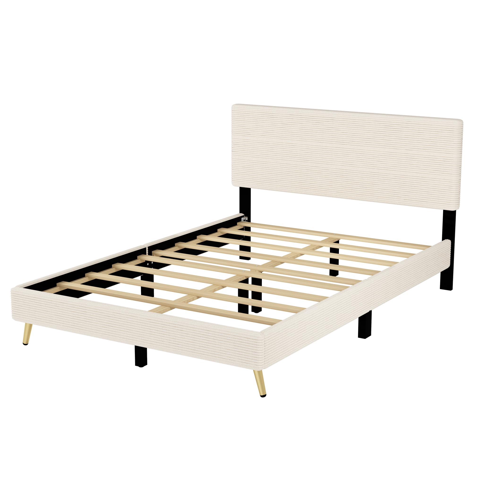 Queen Size Corduroy Upholstered Platform Bed Frame with Horizontal Stripe Headboard