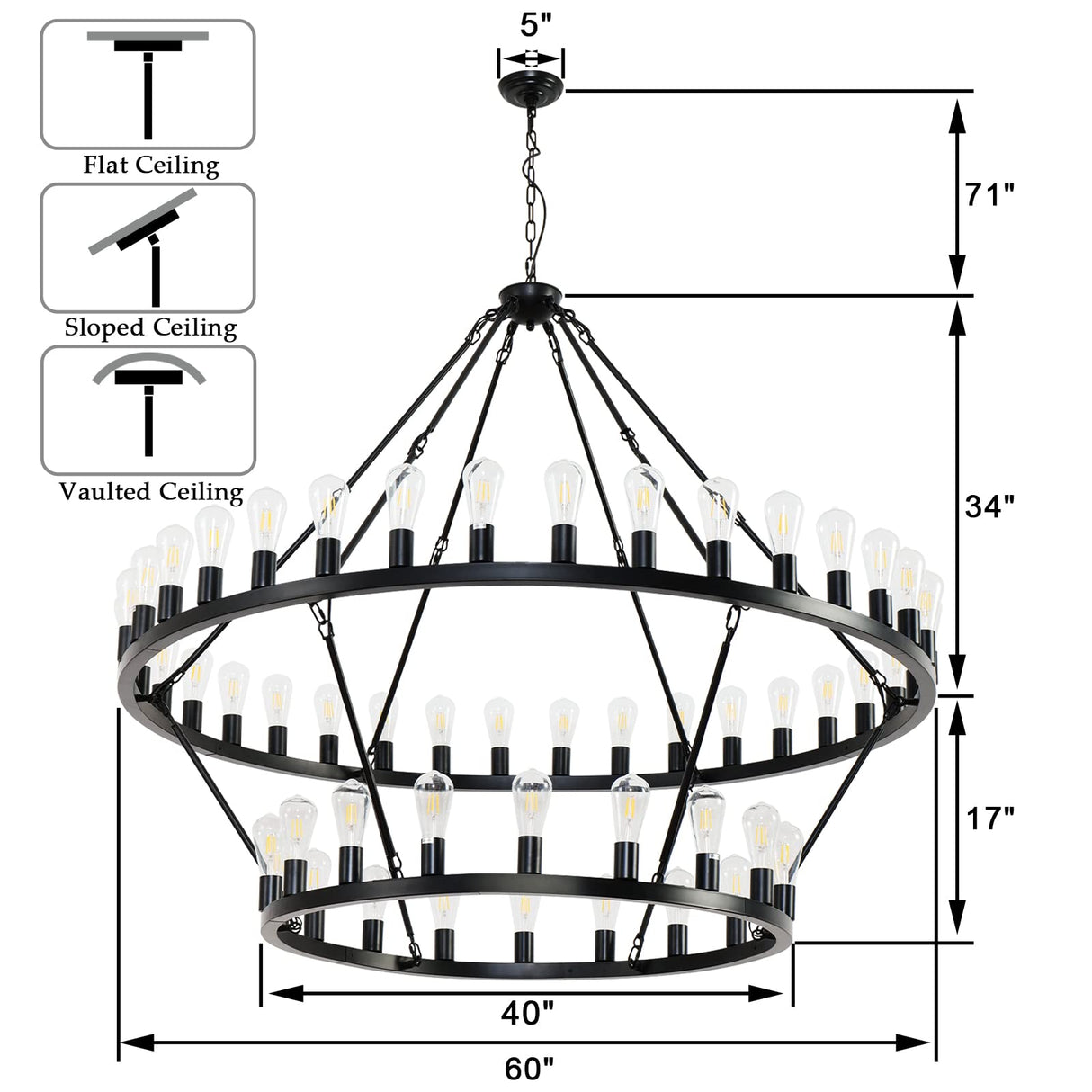 60 Inch Black Extra Large Wagon Wheel Chandelier, 2 Tier 54-Lights Farmhouse Industrial