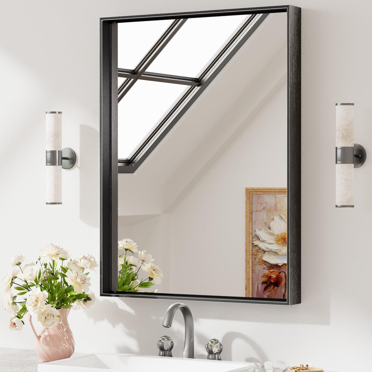 Black Mirror for Wall 24 x 32 Inch Rectangle Bathroom Vanity Mirror for Over Sink Metal