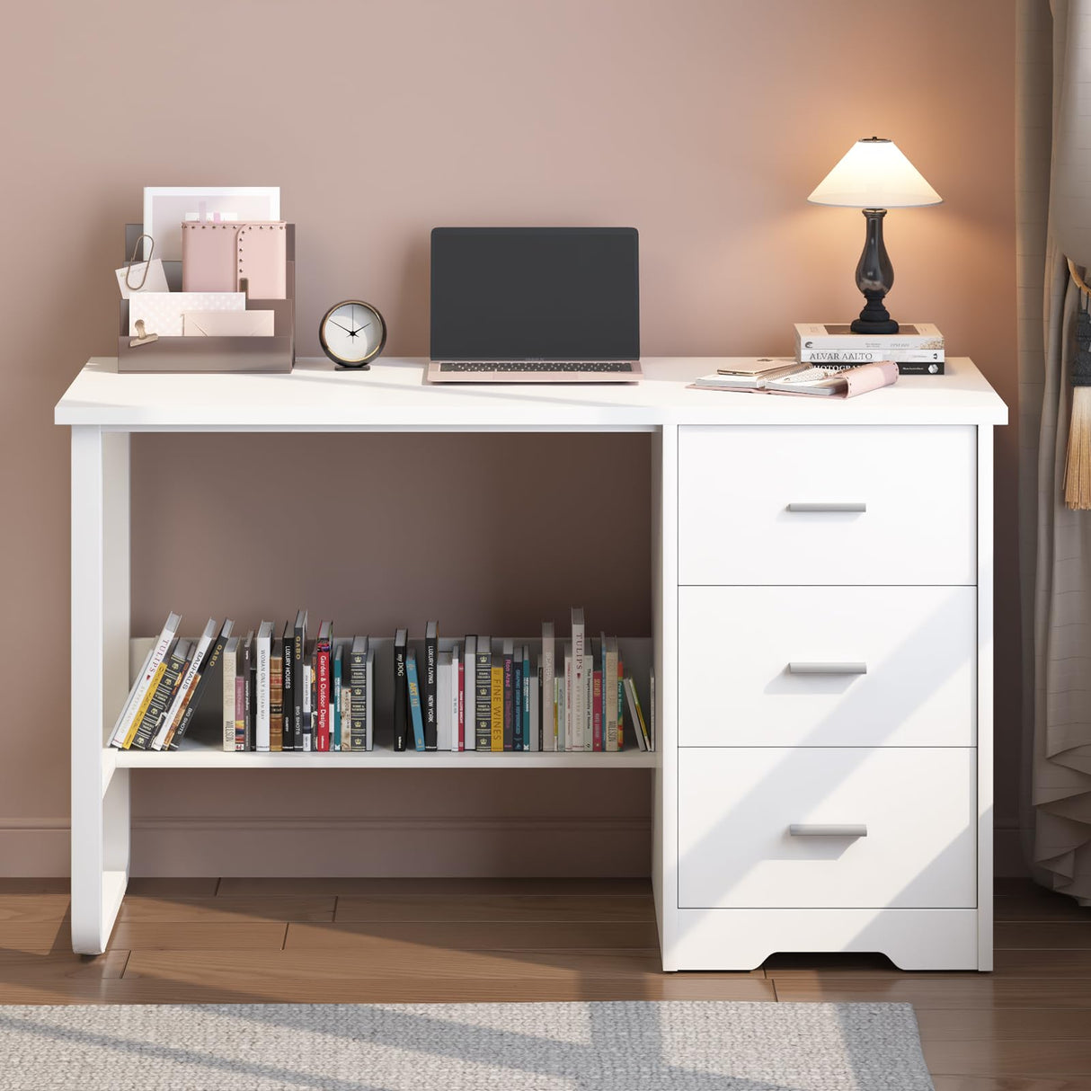 White Desk with Drawers, Small Desk for Bedroom, 47 Inch White Desk with Storage