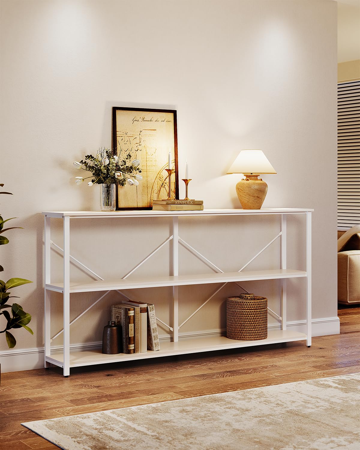 70'' Narrow Long Sofa Console Table with 3-Tier Storage Shelf for Living Room, White