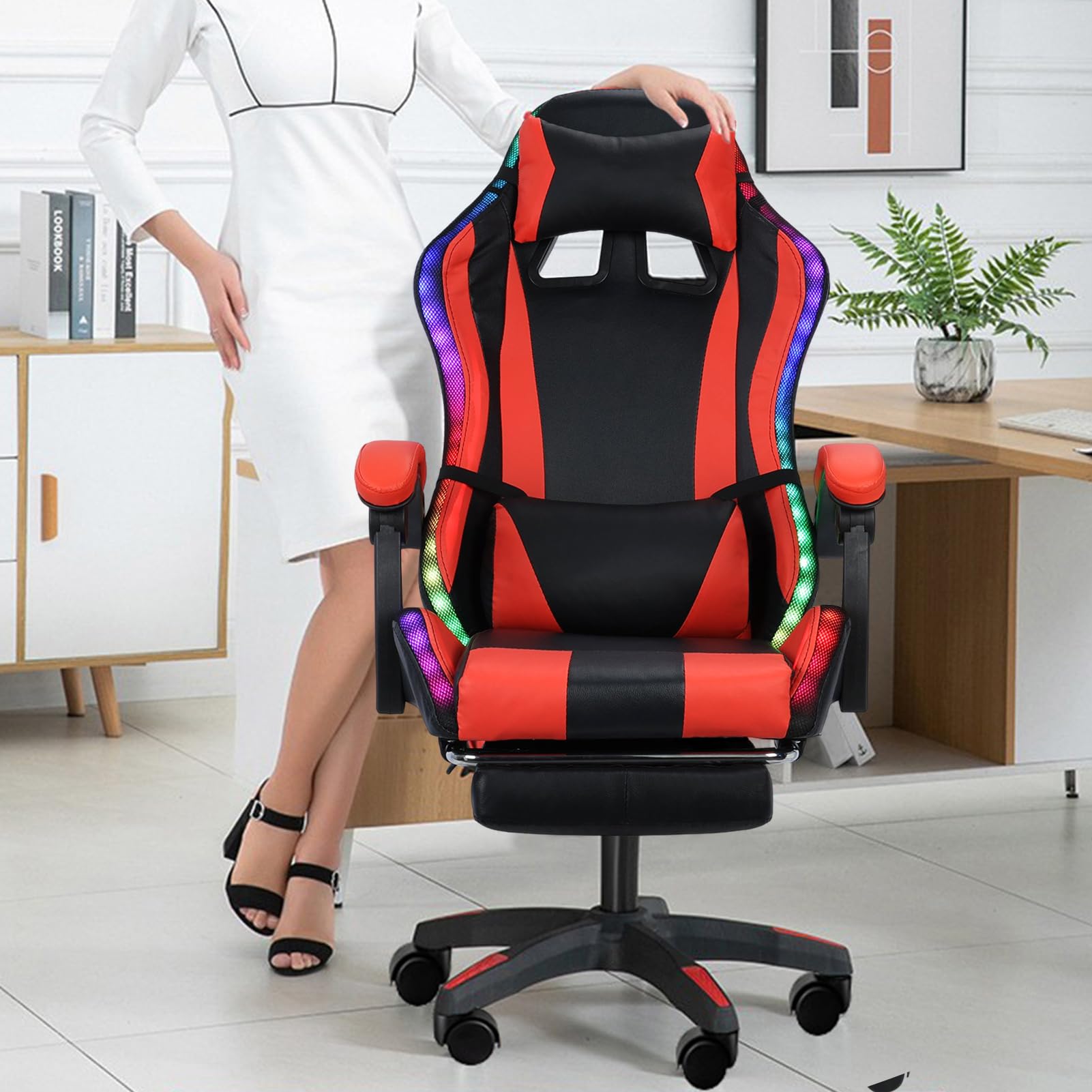 Gaming Chair with Bluetooth Speakers and LED Lights - Ergonomic High Back with Massage and Lumbar Support