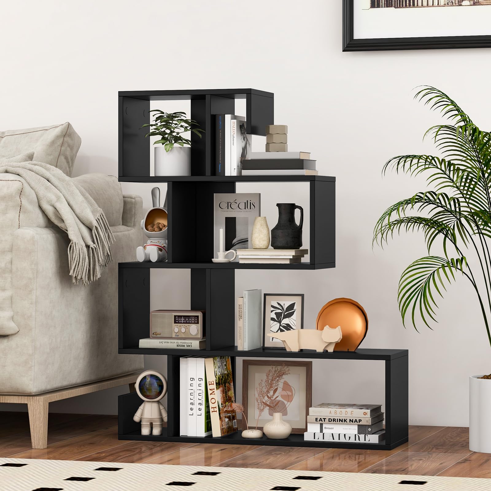 S-Shaped Bookshelf, Geometric Bookcase w/Open Cubes, Modern Decorative Display Shelf w/Anti-Toppling Kits, Freestanding Storage Rack for Living Room, Study, Home, Office, Black