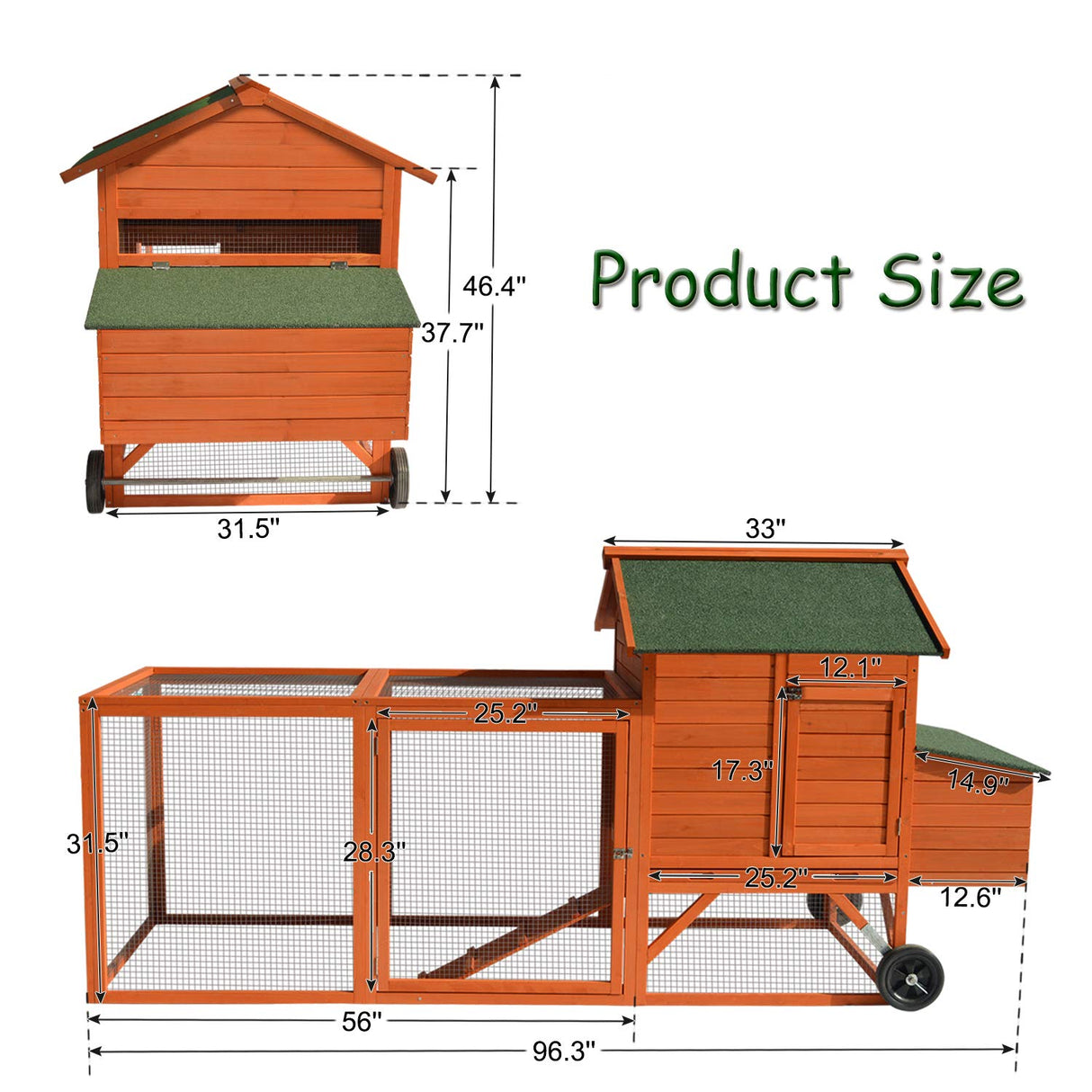 Chicken Coop Hen House - 96in Wooden Poultry Cage with Wheels