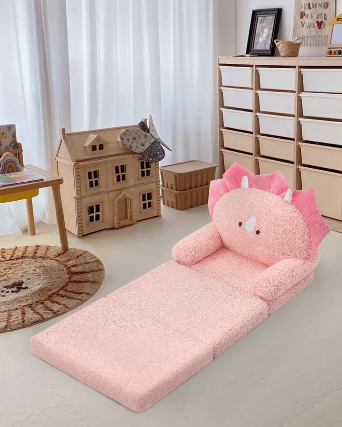 Comfy Toddler Chair, Kids Couch Fold Out to Lounger, Foldable Baby Sofa Plush for Girl and Boy Age 18 Months and Up （Pink Triceratops）