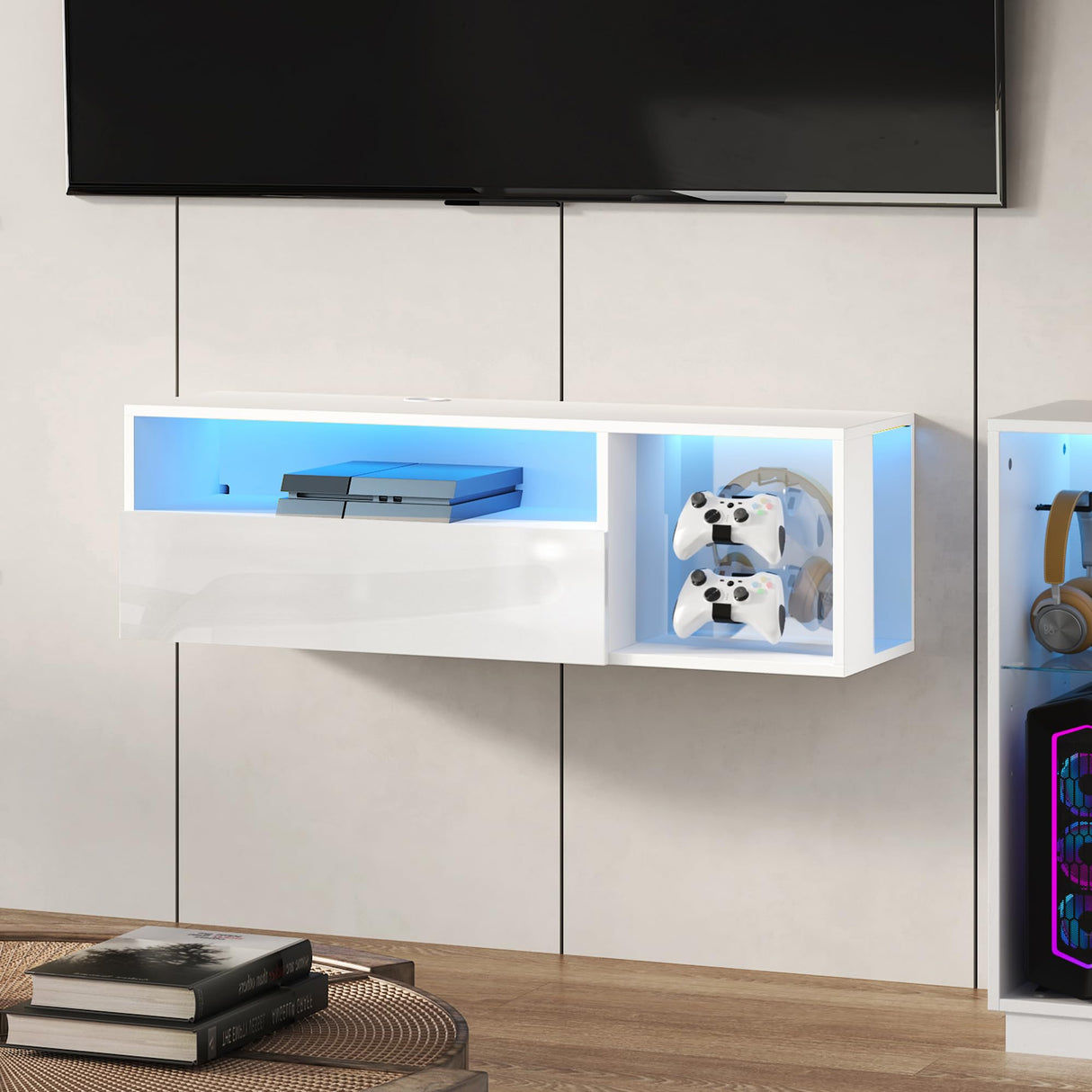 Floating TV Stand with LED Light, 39.3’’ Wall-Mounted Media Console