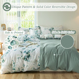 MILDLY Duvet Cover Leaf Pattern- 100% Washed Cotton Eucalyptus Printed Sage Green Comforter Cover Linen Feel Bedding Set with Zipper Closure 4 Ties Queen Size