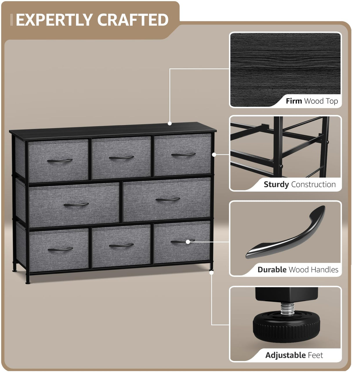 Dresser with 8 Drawers - Chest Organizer Unit with Steel Frame Wood Top & Handle Easy