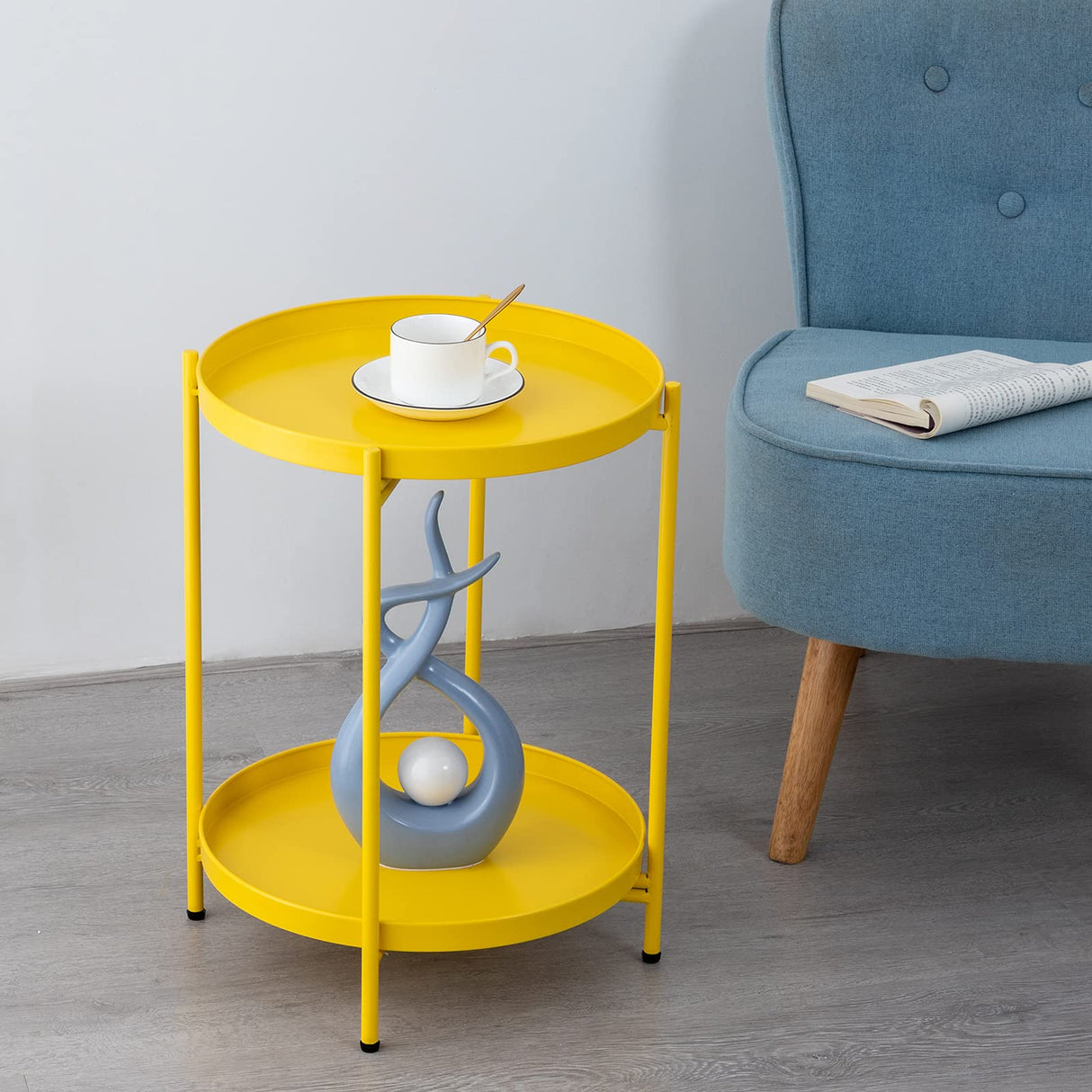 End Table 2-Tier Metal Round Side Table with Removable Tray for Living Room (Yellow)