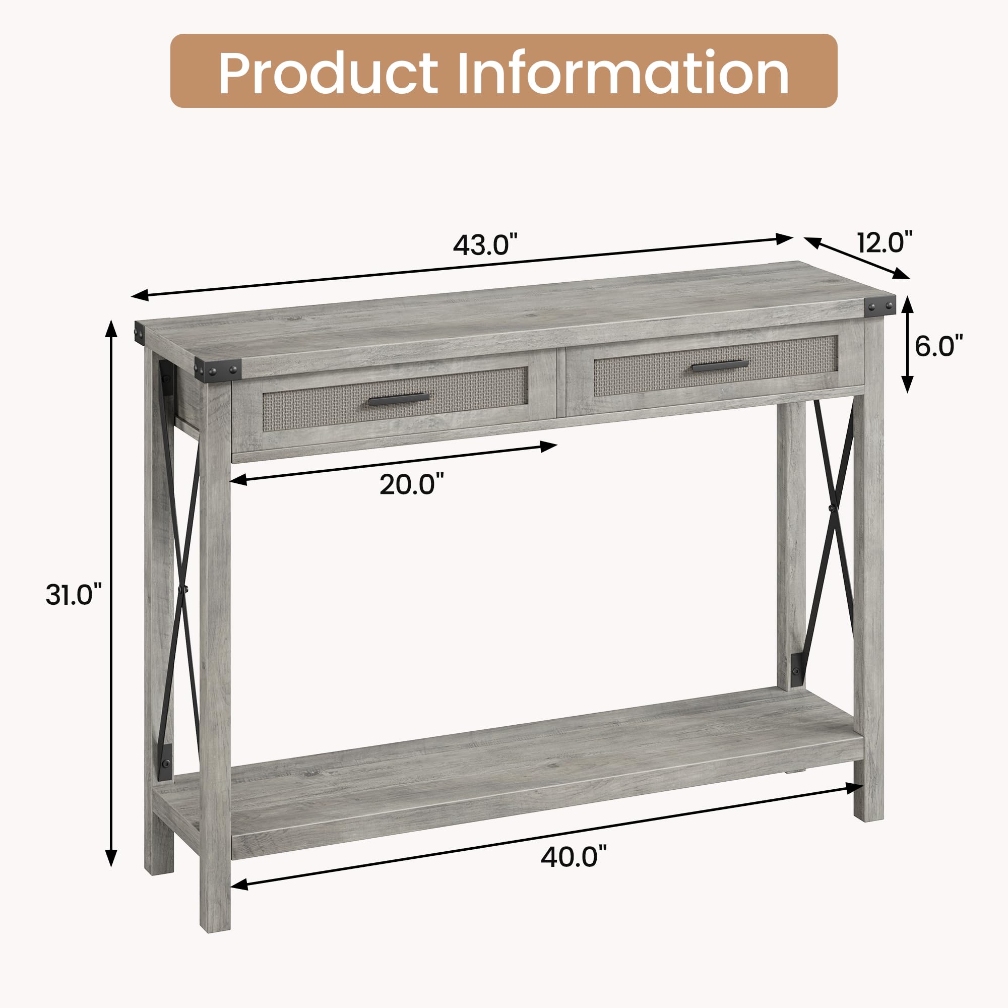 Farmhouse Entryway Table with Rattan Drawers, Grey Console Table for Entryway,