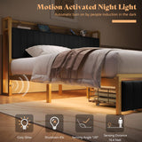 Full Size Bed Frame with Motion Sensor Light, Upholstered Platform Bed