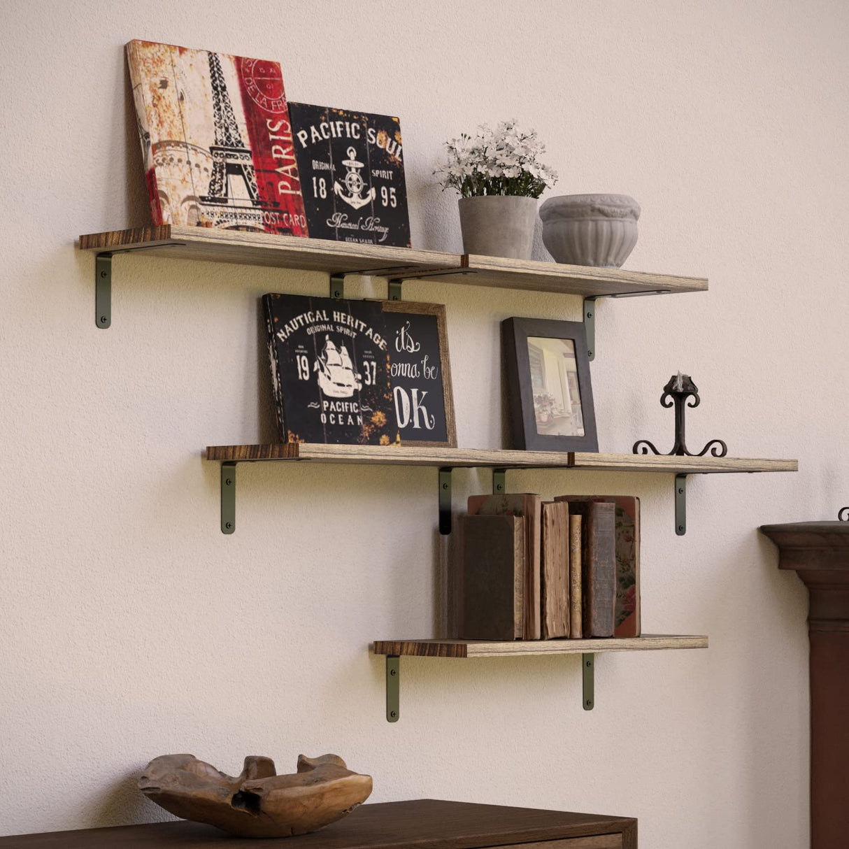 Rustic Wood Shelves Set of 5, Farmhouse Style Floating Shelf for Wall Décor