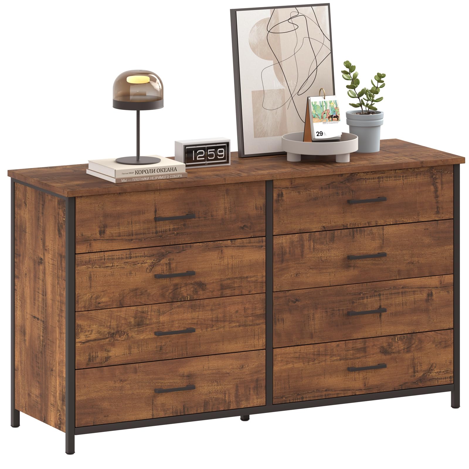 8 Drawer Double Dresser, 55 inch Industrial Wood Storage Dressers & Chests of Drawers