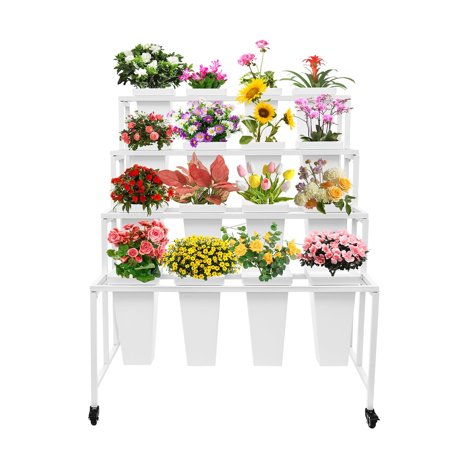 Flower Display Stand with Buckets, 4 Layers Metal Plant Stand with 16 Buckets