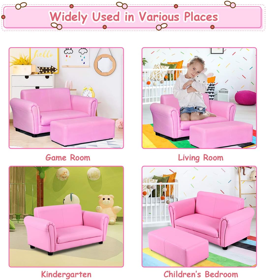 Footstool, 2 in 1 Double Seat Children's Sofa w/PU Leather Surface, Armrest Chair Lounge,