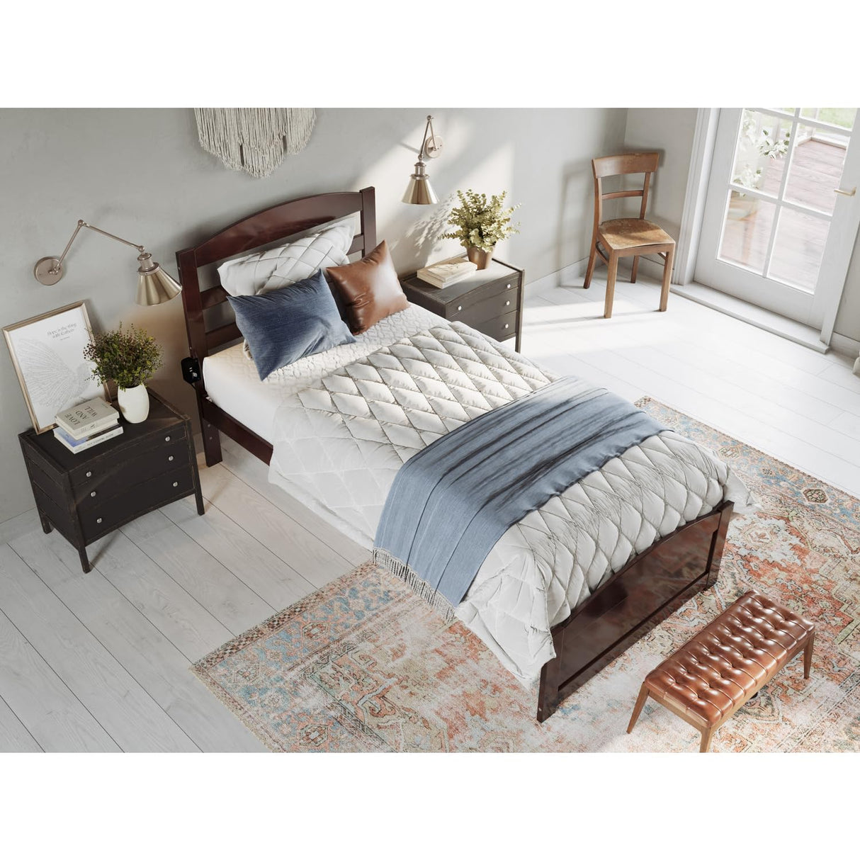 Solid Wood Twin XL Bed with Footboard and USB Charger in Walnut