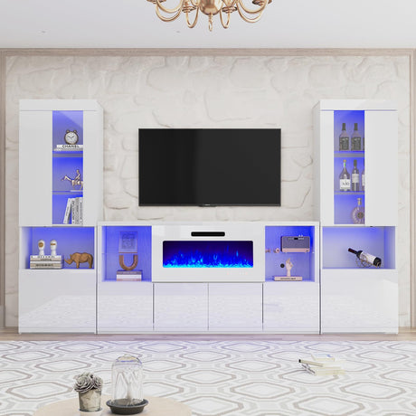 3 Piece Modern High Gloss Fireplace TV Stand + Bookcase Set for Living Room