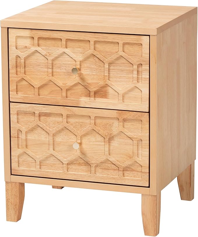 Baxton Studio Hosea Carved Honeycomb Nightstand, 2-Drawer, Natural