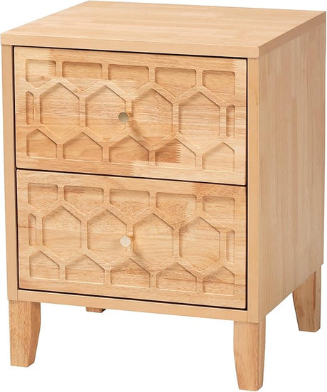 Baxton Studio Hosea Carved Honeycomb Nightstand, 2-Drawer, Natural