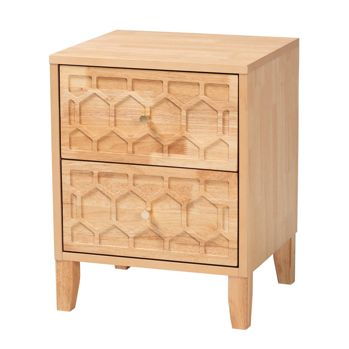 Baxton Studio Hosea Carved Honeycomb Nightstand, 2-Drawer, Natural