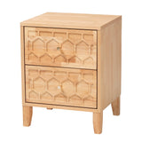 Baxton Studio Hosea Carved Honeycomb Nightstand, 2-Drawer, Natural