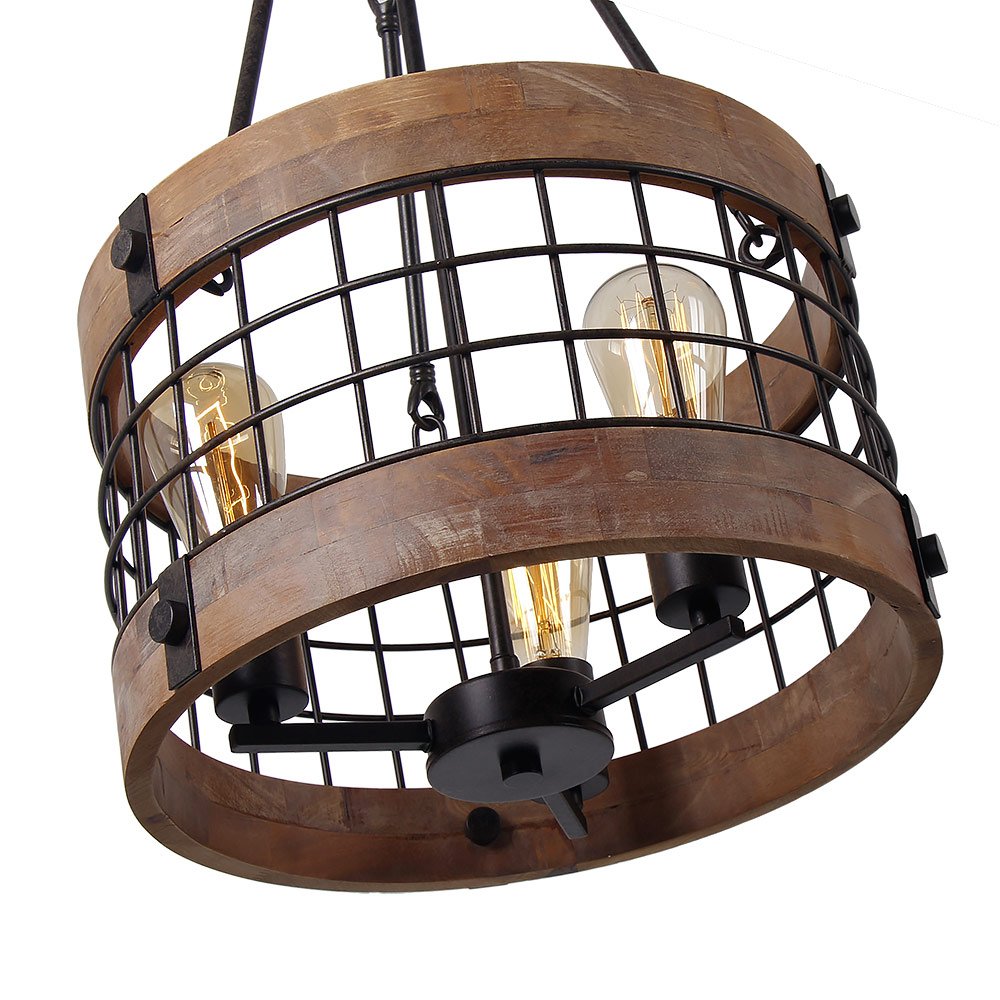 Round Wooden Chandelier Metal Pendant Three Lights Decorative Lighting Fixture Retro