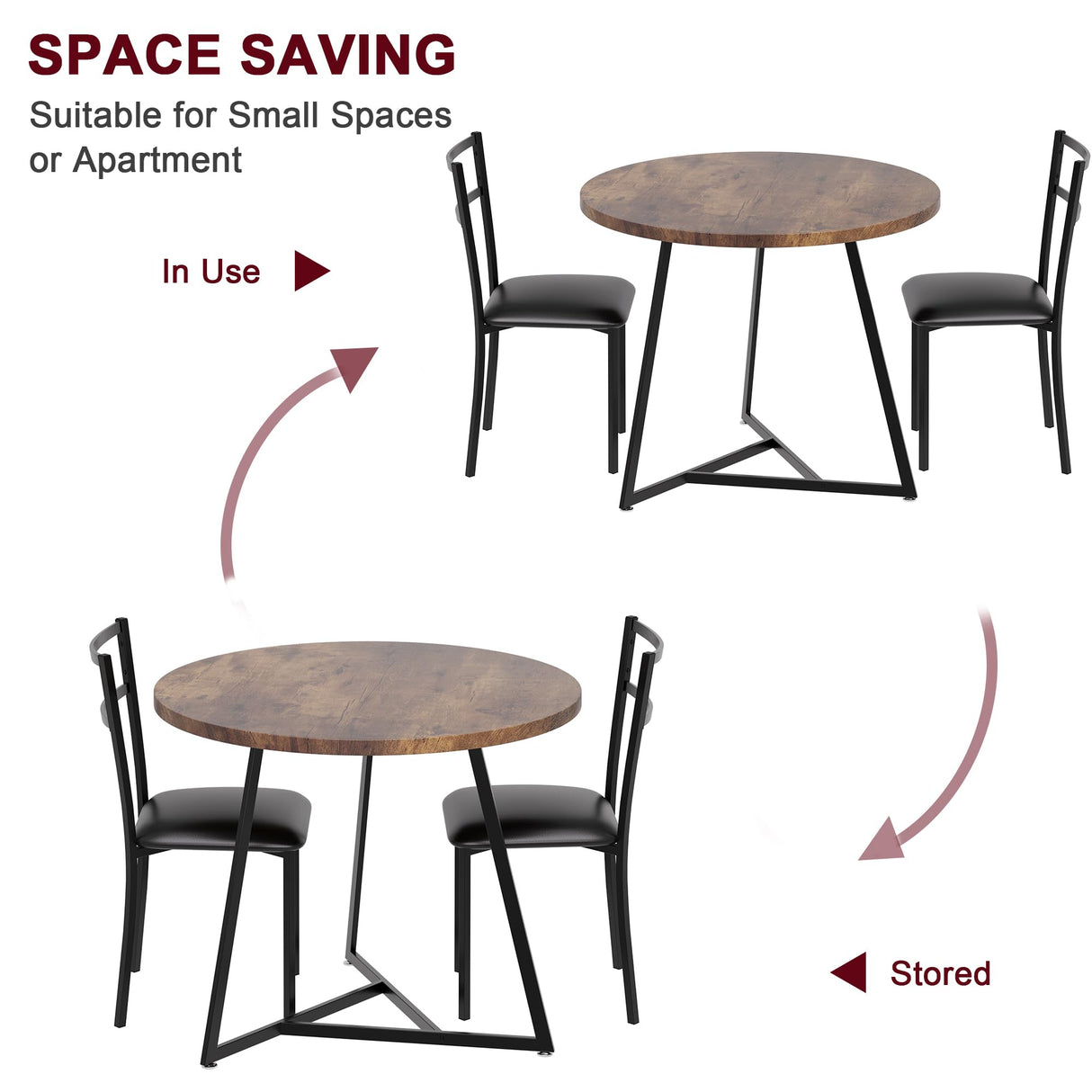 GAOMON Round Dining Table Set for 2, Rustic Brown Kitchen Table Chairs Set of 2, Small Dining Room Table Set with 2 Upholstered Chairs, Dinette for Small Place,Apartment, Breakfast Nook