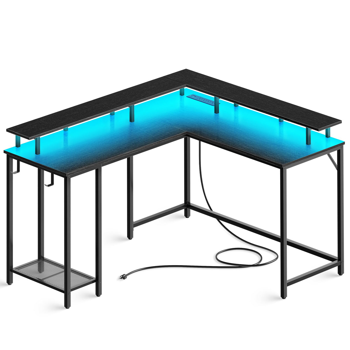 Desk L Shaped Gaming Desk with LED Lights & Power Outlets, Computer Desk with Monitor Stand