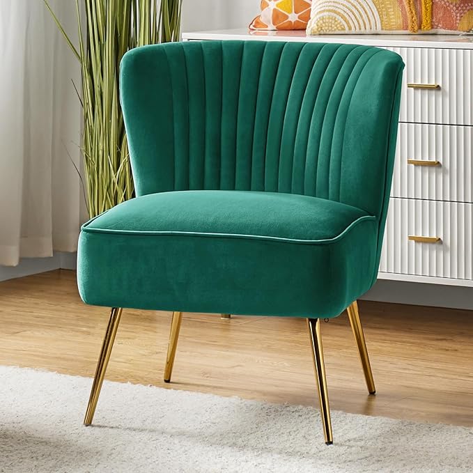 Velvet Accent Chair, Modern Upholstered Cute Side Chair with Gold Metal Legs, Armless