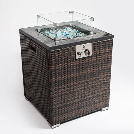 AJ Enjoy 24in Outdoor Propane Gas Fire Pit Table, 40,000 BTU Auto - Ignition Gas Firepit with Glass Wind Guard, Marble Tile Tabletop, Mixed Color Glass Rocks, Brown PE Rattan - Bircata
