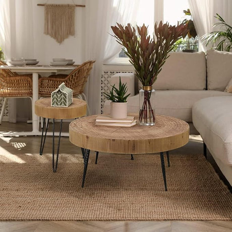 Farmhouse Round Coffee Table Set of 2, Cocktail Table Set, Modern Circle Natural Wood