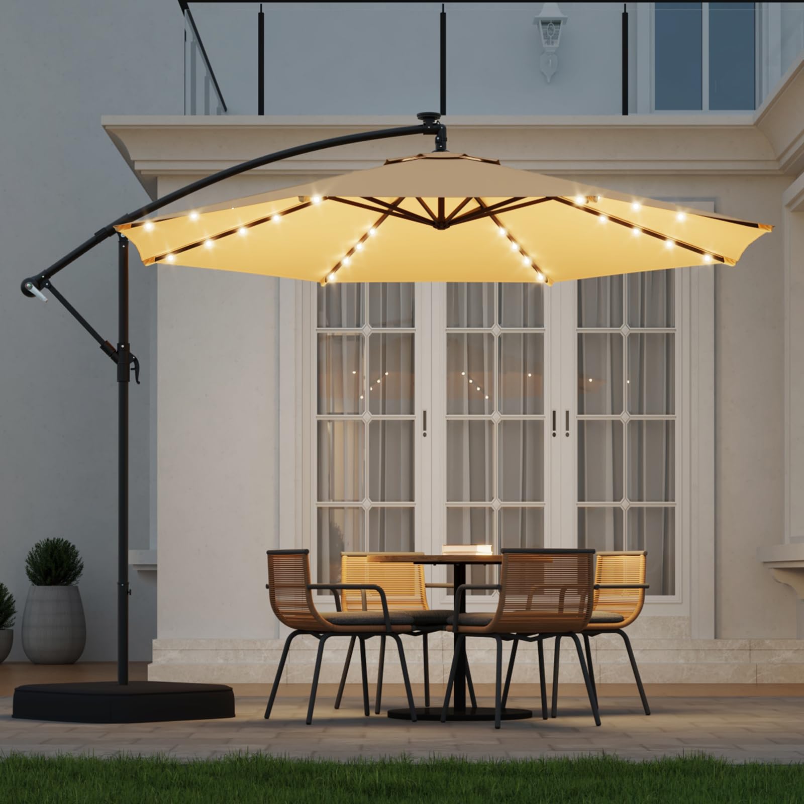 10ft Solar Lighted Patio Umbrella with Base Included, Outdoor Offset Cantilever Umbrella
